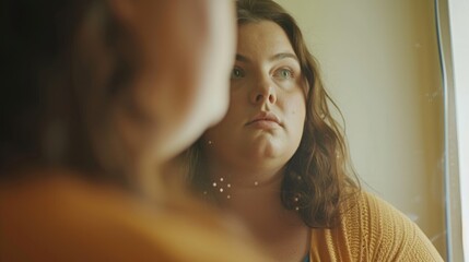 A person of larger size looks at themselves in the mirror feeling ashamed and guilty for not conforming to societys narrow standards of beauty.
