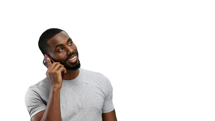 Man, close-up, on a white background, talking on the phone