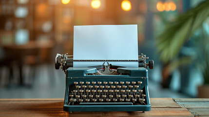 blank sheet of paper inserted into an old typewriter on a table in a stylish room, publishing house, space for text, writing, layout, editorial, writer's day