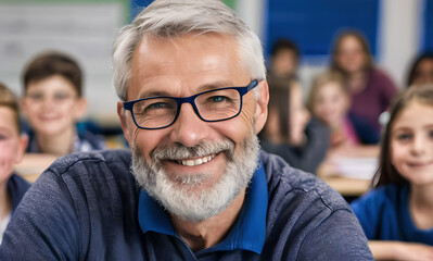 teacher, portrait male teacher glasses, teacher face smiling, child kid boy girl, student school, background children, class lesson, school activities, profession teacher, eyes glasses, teamwork group