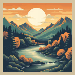 Colorful Great Smoky Mountain Landscape with river and stream In the Style of an illustrated Postcard, Poster, or Sticker Appalachian