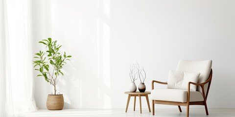 Stylish white living room with armchair, bright and modern.