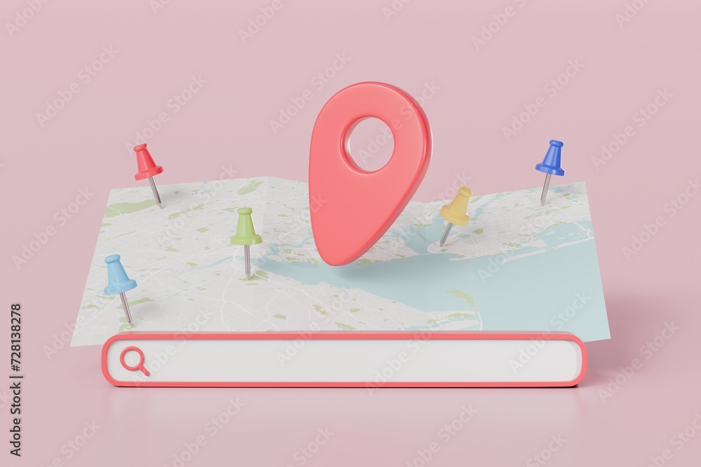 Poster 3d fold map with pin marker and search bar icon, map pins, gps, navigator pin checking points, world