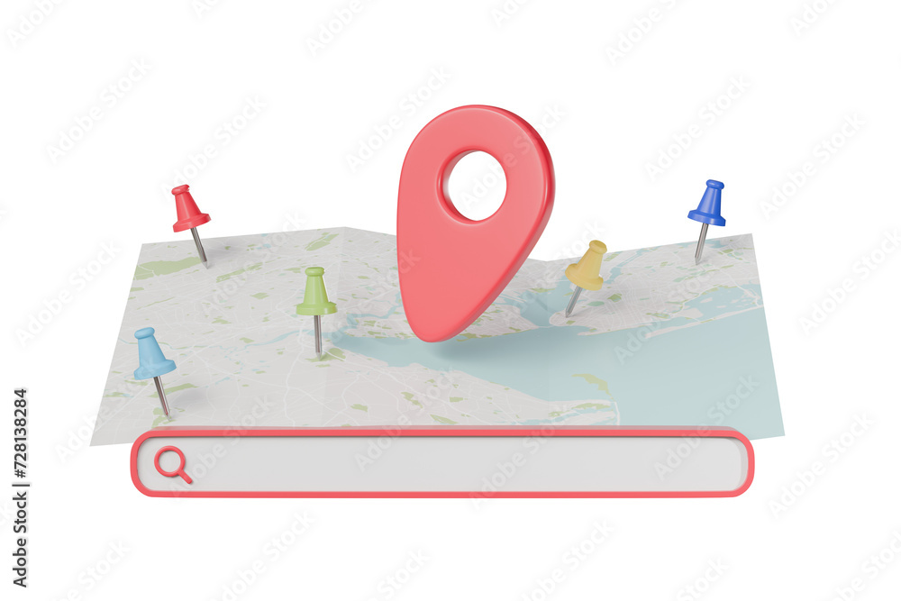 Poster 3d fold map with pin marker and search bar icon, map pins, gps, navigator pin checking points, world
