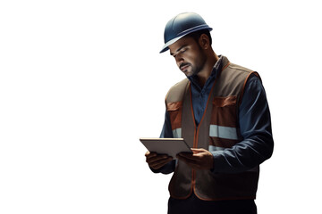 A man in a hard hat and vest holding a tablet, inspecting a construction site for safety measures.
