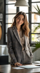 smiling business woman dressed in a business suit standing in a desk next to an open workspace