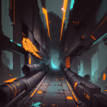 Graffite style undergrownd sewer system hallway cyberpunk style 