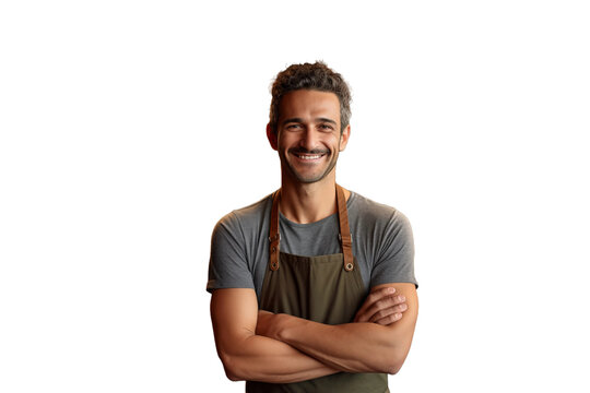 A man in an apron smiling warmly, radiating happiness and contentment.