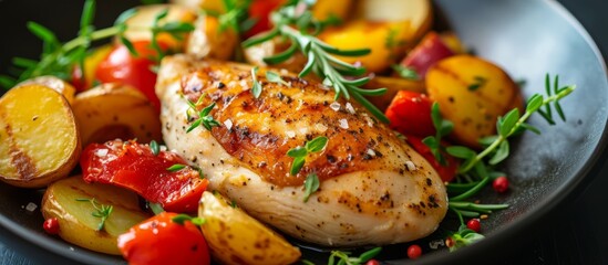 Crispy Chicken Fillet with Sauteed Vegetables and Roasted Potatoes - A Perfect Trio of Chicken, Fillet, Vegetables, and Potatoes in One Delicious Dish