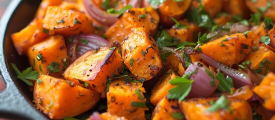 Delicious Homemade Sweet Potato with Cooked Onions and Flavorful Herbs: A Mouthwatering Homemade Dish