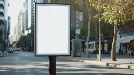 Mockup. Vertical advertising stand in the street. Blank white street billboard poster lightbox stand mock with urban city background - obrazy, fototapety, plakaty