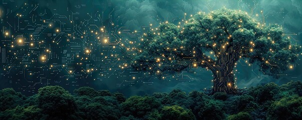 Obraz premium on a dark blue background, a circuit board tree, in the style of frogcore