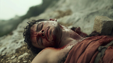 Representation of Abel lying on the ground after being killed by his brother Cain. Cain rose up against his brother Abel and killed him. Close-up of Abel dead on the ground.