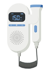 Medical equipment, Doppler Fetal heart ultrasonic detectors, handheld devices, use sound waves to detect the heartbeat of a developing fetus. Flat design © sukan