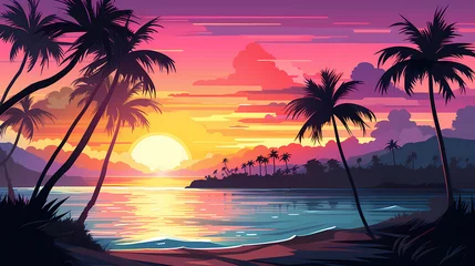 Fotobehang wallpaper sunset beach with palm tree retro color © skizophobia
