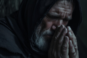 Mourning Man Praying and Crying, Young Widow Bowing in Prayer to God, with a Black Veil as a Sign of Grief