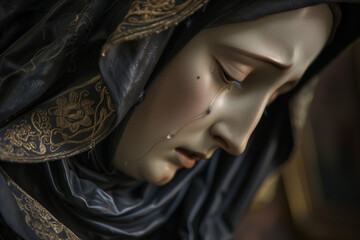 Statue of the Virgin Mary crying, sadness and mourning in the Holy Saturday procession, the face of a mother in grief