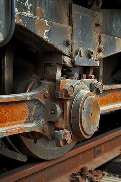 Close-up of a train's brake calipers with robustness and precision. Railway braking in an ingenious and imposing design. Personification of railway engineering.