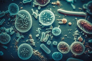 In the microscopic realm, a vibrant microbe dances, form intricate surreal. A symphony of colors shapes, it embodies unseen beauty of microbial world, a tiny marvel thriving in unseen corners of life.