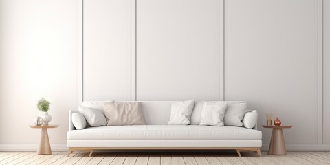 Nordic-inspired interior with modern couch. White wall backdrop for text.