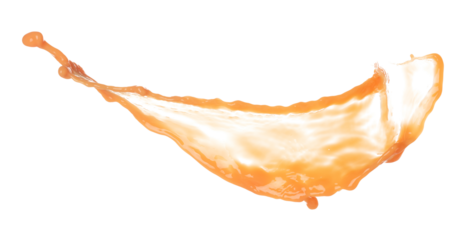 Orange Juice pouring down in Shape form line. Orange juicy fluttering explosion in air, liquid water splash spill like explosion droplet. White background isolated, stop motion freeze shot.