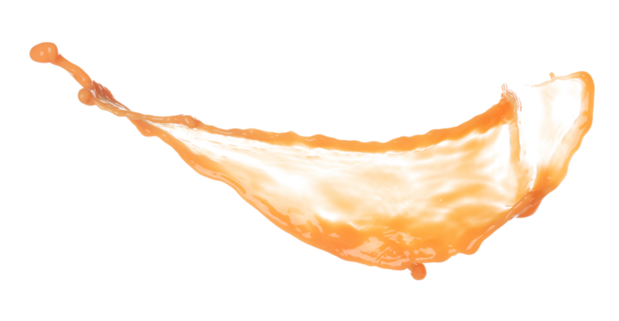 Orange Juice pouring down in Shape form line. Orange juicy fluttering explosion in air, liquid water splash spill like explosion droplet. White background isolated, stop motion freeze shot.