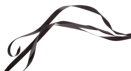 Black ribbon long straight fly in air with curve roll shiny. Black ribbon for present gift birthday...