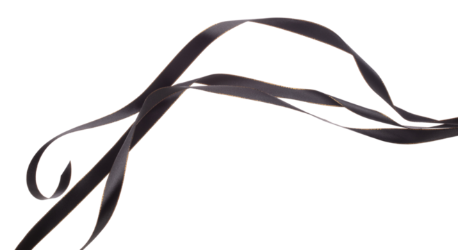 Black ribbon long straight fly in air with curve roll shiny. Black ribbon for present gift birthday party to wrap around decorate and curl curve long straight. White background isolated - Powered by Adobe