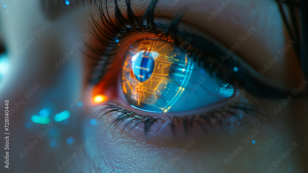 Poster female eye close up with smart contact lens with digital and bio-metric implants to scanning the ocu