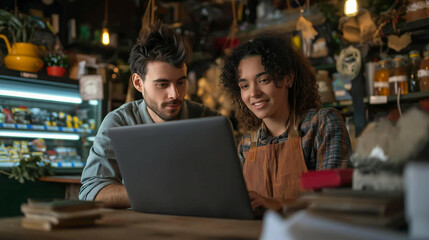 A Man and Woman Looking at a Laptop Computer