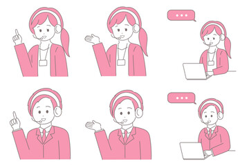 男女のオペレーターの色々ポーズセット（指差し・案内・パソコン）