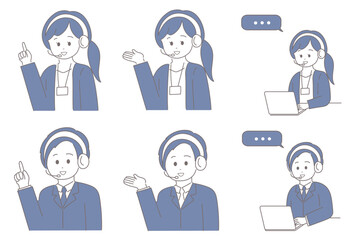 男女のオペレーターの色々ポーズセット（指差し・案内・パソコン）