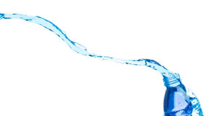 Drinking Water in Plastic Bottle fall fly in mid air, fresh water plastic bottle floating explosion. Fresh water plastic bottles pour throw in air. White background isolated freeze motion high speed