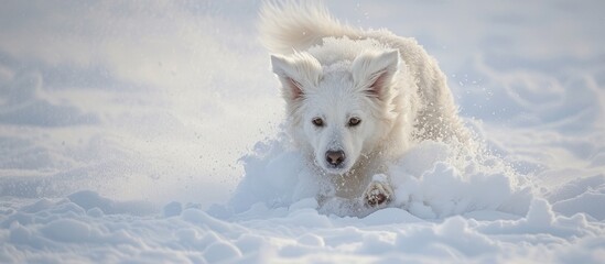 Adorable White Dog: A Playful White Dog Fetching in the Snow