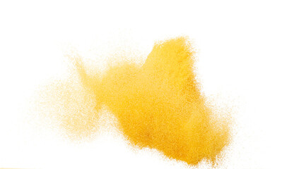 Small size yellow Sand flying explosion, gold cheese sands grain wave explode. Abstract cloud fly. Yellow colored sand splash throwing in Air. White background Isolated high speed shutter, throwing