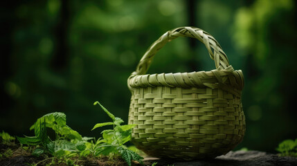 Fototapeta na wymiar Healthy organic green food basket nature wild plant wicker forest fresh