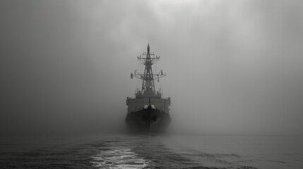In the midst of heavy fog a cruiser emits a repetitive signaling sound on its foghorn communicating its position to other ships in the area. - obrazy, fototapety, plakaty