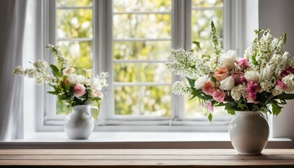Wooden table with free space for decoration, large white window with spring view and fresh flowers