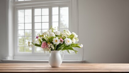 Fototapeta na wymiar Fresh flowers on a wooden table against a large white window, ideal for springtime decoration
