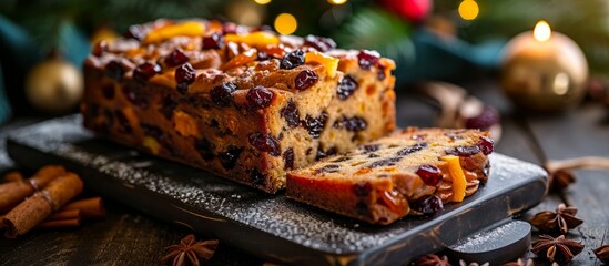 Fototapeta premium Delicious Dried Fruit Cake Sliced - A Tempting Treat of Deliciousness with Dried Fruit Cake, Sliced to Perfection