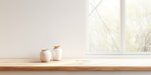 Abstract blur white interior with window and product display, featuring an empty wooden table.