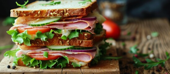 Delicious Triple-Stacked Sandwich with Ham, Onions, Tomatoes, Salad, and Cheese - The Ultimate Sandwich with Ham, Onions, Tomatoes, Salad, and Cheese