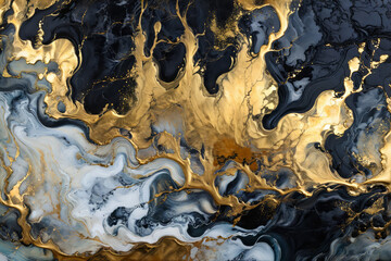 Obraz premium Ink Abstract Art Gold Paint Background: Modern Luxury with Watercolour Stone Texture - Creative Marble Pattern, Dark Rock, Glitter, and Brush Design, Design, Wallpaper, Background