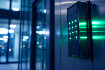 Futuristic Access Control Panel. Modern access control panel illuminated by green LED lights set against the backdrop of a contemporary office building corridor. 