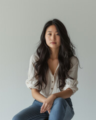 Obraz premium Asian woman sitting on a high stool facing the camera