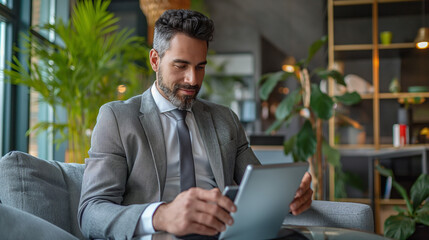Fototapeta premium Man Sitting on Couch, Looking at Tablet