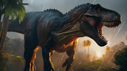 Dans un accès de furie, le T-Rex déchaîne sa colère avec des grondements assourdissants. Ses mouvements féroces dévoilent une terreur ancestrale, une incarnation vivante de la sauvagerie préhistorique - obrazy, fototapety, plakaty
