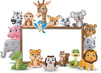 Cute wild animals cartoon with blank board