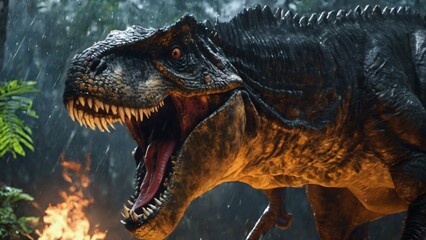 Un T-Rex en furie, ses mâchoires gigantesques émettent des rugissements. La scène est une explosion de fureur préhistorique, une démonstration viscérale de la puissance de ce prédateur redoutable. - obrazy, fototapety, plakaty
