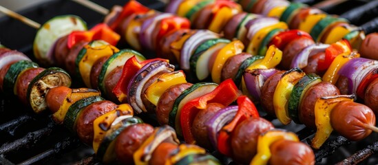 Hot Dogs, Kebabs, and Vegetables - A Sizzling Combination of Hot Dogs, Kebabs, and Grilled...